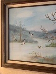 Signed Landscape Wildlife Lake Scene Ducks Trees Outdoor Painting Canvas Orig
