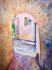 Unique Old Building With Arches and Doorway, 14″x10″, One of a Kind Watercolor