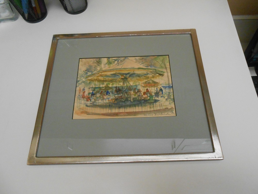 Irene Zurkinden (Swiss, 1909-1987) 1972 Carousel Watercolor, Framed – Vibrant