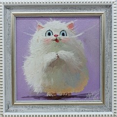 White Cat Original Oil Painting 4×4 Framed Signed Cute Fluffy Kitten Pet Art