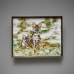 SIGNED Serval cat PORTRAIT PAINTING MYSTERY ARTIST CATS C. 1970’S 31 X 25