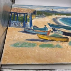 Vintage Seascape Oil Painting Boats Ocean Original Art 20×24 Canvas Unsigned