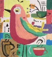 Abstract Minimalistic Coffee Colorful Expressionism Pink Bird Art 11×14 on Paper