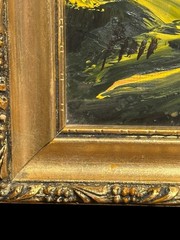 Vintage MCM Andean Folk Art Oil Painting Peruvian Village Gilded Gold Frame