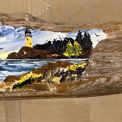 Original Hand Painted Driftwood Art Lighthouse Sailboat Seascape Signed Bianchi