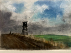 FRANZ EHMKE 1928-2018 GDR PAINTER PASTEL HUNTING TOWER HIGH SEAT HUNTING FIELD EDGE SIGN.