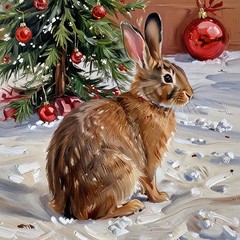 ACEO Art Card Cotton Tail Rabbit posing as the Christmas Bunny