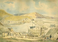 Watercolor Painting – Fishing Harbor Scene – 19th century New England School