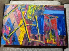 Vintage „An Abstract Scene“ Oil On Cardboard Painting