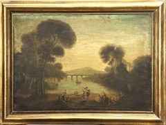 ANTQ 18th C French School Rococo-Era O/C Pastoral Landscape With Figures, Signed