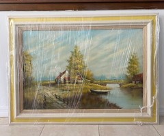 “House by River” Framed Painting, great condition, 44.5×32.5 inches