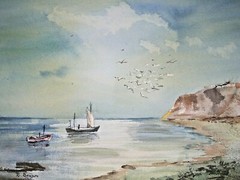 Signed R BENSON Seascape ORIGINAL Watercolor PAINTING Birds CALIFORNIA Boats