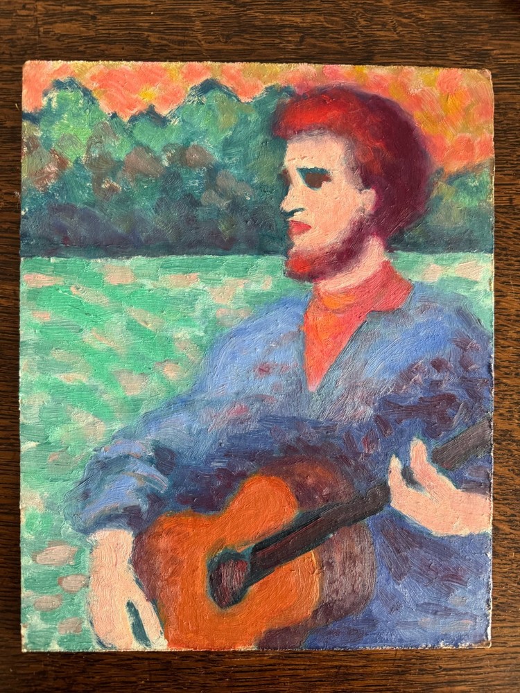 Vintage Portrait Acrylic Cardboard Painting Man Guitar 8×10 Peter Feldman