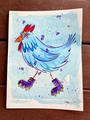 Original Chicken Skate Blue Painting By Alannah Dyer- Acrylic 9×12 in. Farming