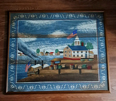 Signed Huntington Canvas Oil Painting Folk Art Wood Frame 38×46 in Colonial US
