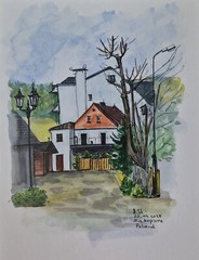 Original watercolor painting landscape cityscape houses unique art 7×9.5″