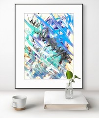 Original Abstract Expressionism 9X12 Turquoise into Blue Handmade Signed Paper