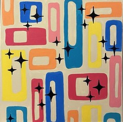 Three Canvases Painted In Acrylic In Mid Century Style Modern Colors