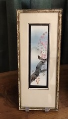 1940’s Asian Art Framed Watercolor Bird on Tree, Mountain, Pink Flowers~Signed