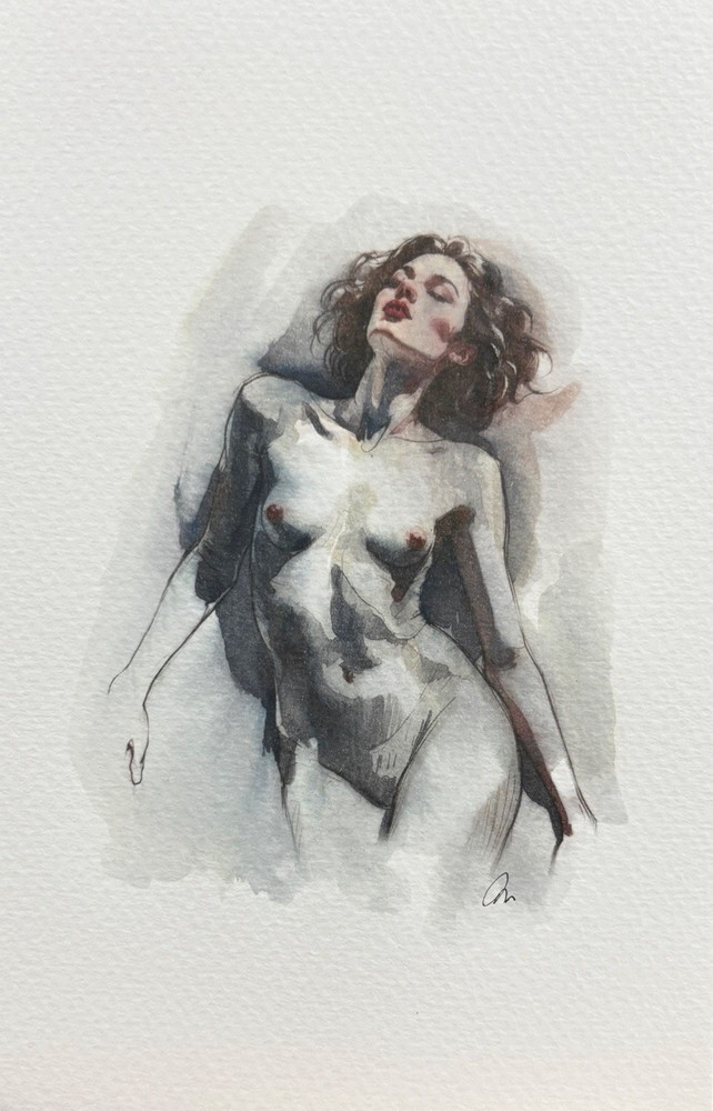 Original Watercolor Painting Nude Female Portrait Book Page (5.5 × 8.5 inches)