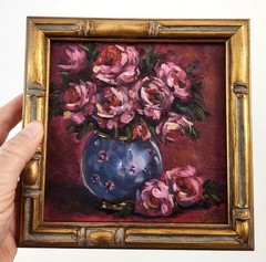 Blue Vase Roses Original Oil Painting 6×6, Moody Floral Still Life, Signed OOAK