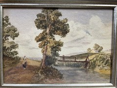 Antique Watercolor Painting Of Rustic Bridge Over Stream in Countryside Framed