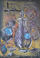 Original Yellow Decanter Glass Surreal Abstract Dry Pastel Painting 8.3×11.4 in