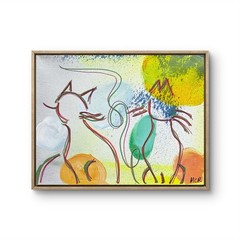 Original Two Friendly Cats Mixed Media Art Painting 11×14 Abstract Line Drawing
