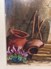 Vtg Neva Stone Arch Pink Flowers Architecture W/C Painting 8.75”W 10.5”T Framed