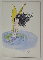 FAIRY IN THE POOL – Gorgeous Vintage 1980 Fantasy Watercolor by listed artist!
