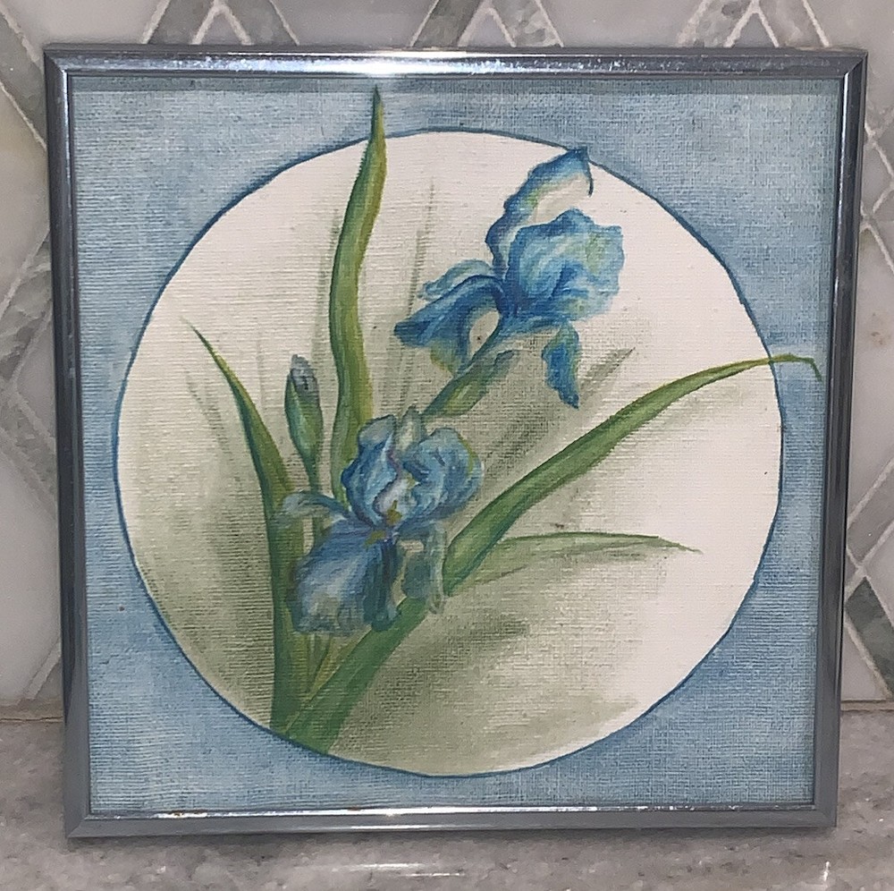 Vtg Ruby Weber Studios Study in BIue Iris Flowers 8 3/8”Sq Framed Iowa artist