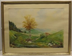 „Blick ins Tal mit Birke am Bachlauf „Aqua/P. mono.sign./dat. H.Sch.54 in Rahmen