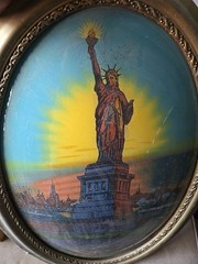 Statue of Liberty Antique USA Art Deco Glass Painting Gold Gesso Gilt Wood Frame