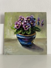 original oil painting still life 20х20cm Semi-abstract violets plant In a pot