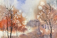 Pamela Wilhelm Original Watercolor 5”x7” Frosty Peach Pale Blue Frosty Trees
