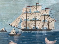EK signed framed folk art nautical ship and whale painting. Blush tone whale.
