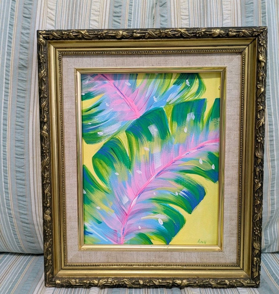 Vintage 12 X 14 Ornate Framed Original Bright Tropical Banana Leaf Painting