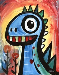 Atherton 11×14 Original Expressionism Dinosaur painting „Cute Dino8“ hand signed