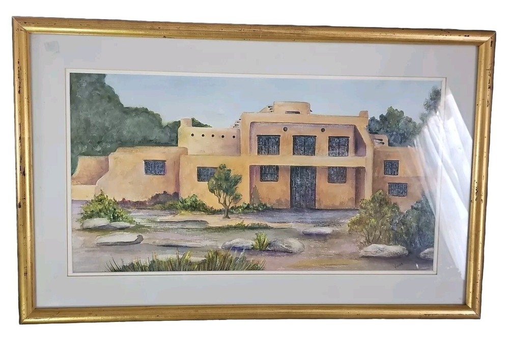 Water Color Pueblo Scene Still Life Painting By Vivian Frame And Matted