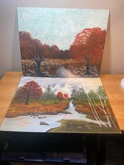 Pair Of Vintage Original Paintings Autumn Trees Woodland River Road Scene
