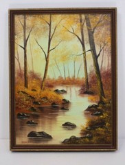 Jane Drynan Framed 17×13 Oil Canvas Painting Forest Creek Woodland Landscape