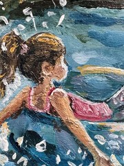 Original 4×6 Sunset Lake Painting Nostalgic Impressionist Art Signed Girl Tubing