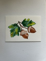 ACEO Art Card Original, Watercolor Acorns, Fall Scene