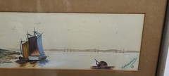 Vintage Original Watercolor Sailboat in Harbor Mabele Walkey 1909 Signed 15×4″