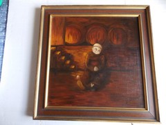 Antique Monk in Wine cellar Original oil painting on canvas 28 3/4″ sign Cameron