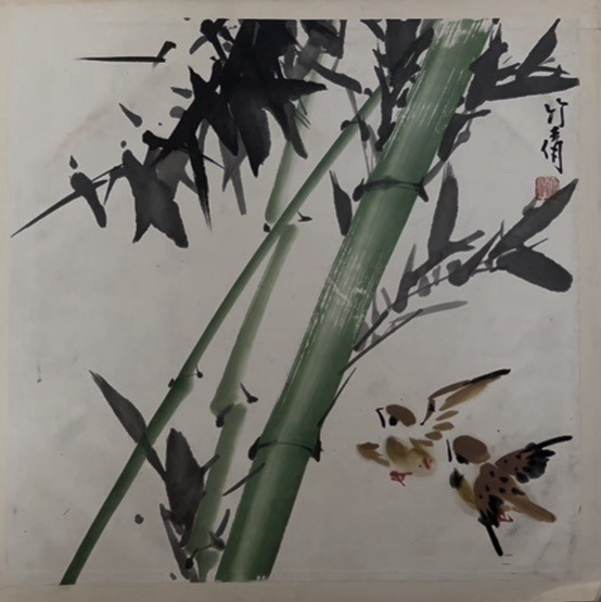 Chinese ink brush painting depicting bamboo and birds, 15×15”