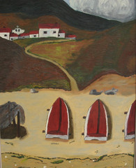 1965 NORTHEAST FISHING VILLAGE & BOATS Modernist Painting MAINE Dorothy McDonald
