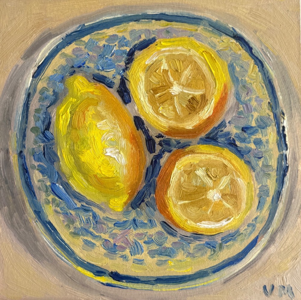 Lemons Original Oil Painting Still Life Vintage Plate Wall Art Decor Signed