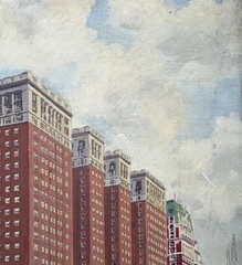 1930’s Signed J Weyers Oil On Board Of A Cityscape W/Hotel & Cars