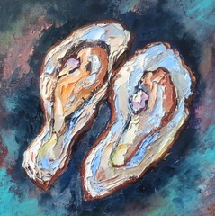 Original Oil Painting on Canvas Board 25x25cm Oysters Still Life Signed Art